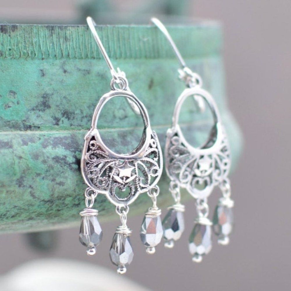Silver Star Filigree Chandelier Earrings